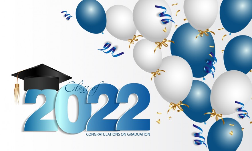 Congratulations graduation. Class of 2022. Graduation cap and confetti and balloons. Congratulatory banner. Academy of Education School of Learning. 1349712795 1326x795