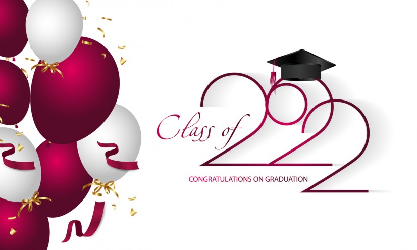 Congratulations graduation. Class of 2022. Graduation cap and confetti and balloons. Congratulatory banner. Academy of Education School of Learning. 1349712847 1326x795